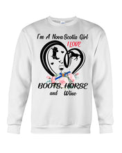 Load image into Gallery viewer, I'm A Nova Scotia Girl Loves Boots Horse And Wine For Personalized Nation Gift Sweatshirt