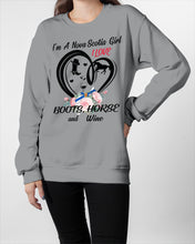 Load image into Gallery viewer, I'm A Nova Scotia Girl Loves Boots Horse And Wine For Personalized Nation Gift Sweatshirt