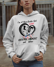 Load image into Gallery viewer, I'm A Nova Scotia Girl Loves Boots Horse And Wine For Personalized Nation Gift Hoodie