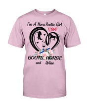 Load image into Gallery viewer, I'm A Nova Scotia Girl Loves Boots Horse And Wine For Personalized Nation Gift Guys Tee