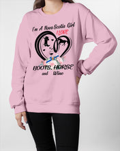 Load image into Gallery viewer, I'm A Nova Scotia Girl Loves Boots Horse And Wine For Personalized Nation Gift Sweatshirt