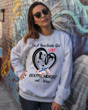 Load image into Gallery viewer, I'm A Nova Scotia Girl Loves Boots Horse And Wine For Personalized Nation Gift Sweatshirt