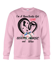 Load image into Gallery viewer, I'm A Nova Scotia Girl Loves Boots Horse And Wine For Personalized Nation Gift Sweatshirt