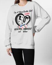 Load image into Gallery viewer, I'm A Nova Scotia Girl Loves Boots Horse And Wine For Personalized Nation Gift Sweatshirt