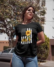Load image into Gallery viewer, Birthday Gift For July Girl American Flag With Sunflower Ladies Tee
