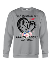 Load image into Gallery viewer, I'm A Nova Scotia Girl  Loves Boots Horse And Wine  For Personalized Nation Gift Sweatshirt
