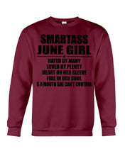 Load image into Gallery viewer, Birthday Gift For Smartass June GirlHeart On Her Sleeve Sweatshirt
