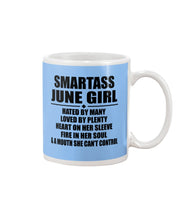 Load image into Gallery viewer, Birthday Gift For Smartass June GirlHeart On Her Sleeve Mug
