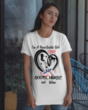 Load image into Gallery viewer, I'm A Nova Scotia Girl  Loves Boots Horse And Wine  For Personalized Nation Gift Guys Tee

