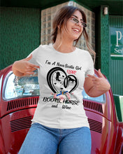 Load image into Gallery viewer, I'm A Nova Scotia Girl  Loves Boots Horse And Wine  For Personalized Nation Gift Ladies Tee
