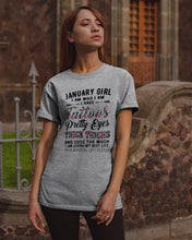 Load image into Gallery viewer, January Girl Has Tattoos Pretty Eyes Thick Thighs For Birthday Gift Guys Tee
