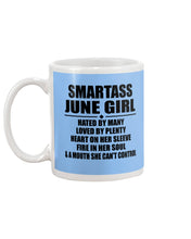 Load image into Gallery viewer, Birthday Gift For Smartass June GirlHeart On Her Sleeve Mug
