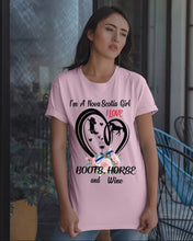 Load image into Gallery viewer, I'm A Nova Scotia Girl  Loves Boots Horse And Wine  For Personalized Nation Gift Guys Tee
