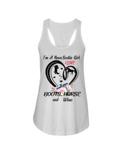 Load image into Gallery viewer, I'm A Nova Scotia Girl  Loves Boots Horse And Wine  For Personalized Nation Gift Ladies Flowy Tank
