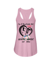 Load image into Gallery viewer, I'm A Nova Scotia Girl  Loves Boots Horse And Wine  For Personalized Nation Gift Ladies Flowy Tank
