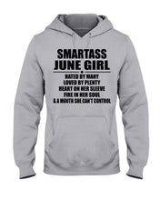 Load image into Gallery viewer, Birthday Gift For Smartass June GirlHeart On Her Sleeve Hoodie
